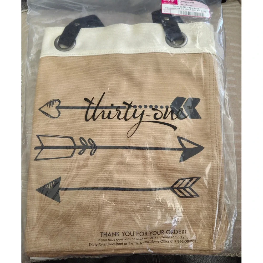 Thirty-One Retired Canvas Storage Tote Bag 283A‎ Arrows Tan Cream Black NIP